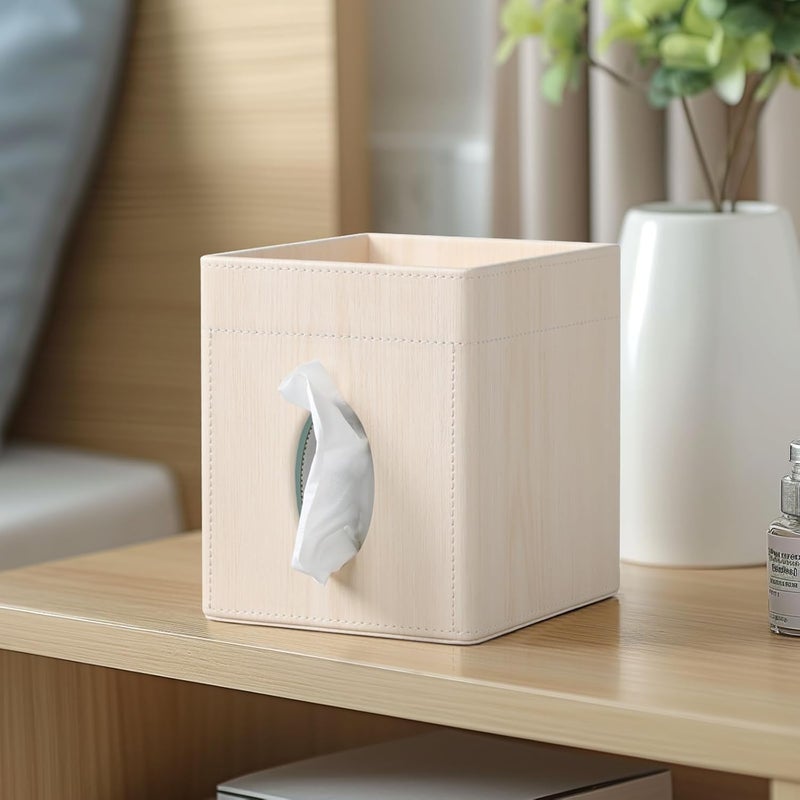 Cretkhp Tissue Box Cover, PU Leather Square Tissue Box Holder with Storage Tray for Bathroom Vanity Countertop Night Stands Bedroom Office Desk, Stylish Tissue Holder Decorative Organizer (White Oak) - Image 3